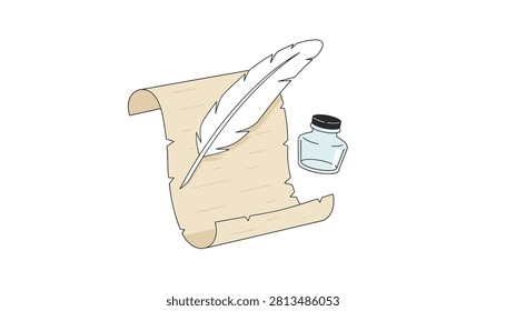 Parchment paper scroll displayed with a white feather quill pen and a small glass ink bottle standing on a neutral clean light colored background.