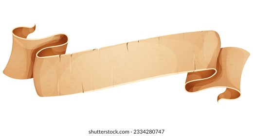 Parchment paper scroll ribbon, old vintage banner game ui element in cartoon style isolated on white background.