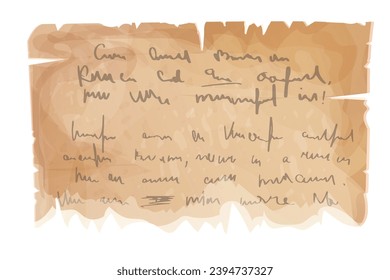 Parchment paper, torn pieces, old sheetwith unreadble scrit in cartoon style, textured empty note isolated on white background. Game ui elements