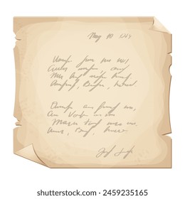 Parchment paper, torn pieces, old sheetwith unreadble scrit in cartoon style, textured empty note isolated on white background. Game ui elements