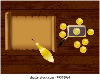 Parchment, pen, magnifying glass and gold coins, located on the wooden texture