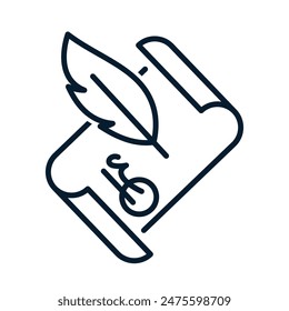Pergament, Stift, Unterschrift. Linearsymbol der Vektorgrafik auf weißem Hintergrund.