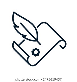 Parchment, pen, stamp. Certificate concept. Vector linear icon isolated on white background.
