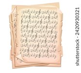 Parchment piece of paper with old music melody, song scrapbook sheet isolated on white background, design element, frame.