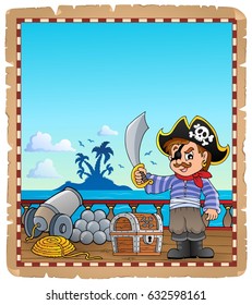 Parchment with pirate boy on ship - eps10 vector illustration.