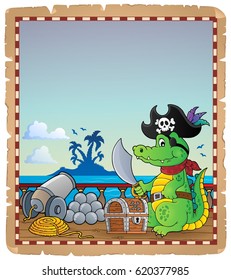 Pergamino con cocodrilo pirata en barco - ilustración vector eps10.