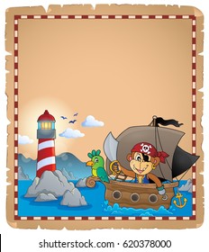 Parchment with pirate monkey on boat - eps10 vector illustration.