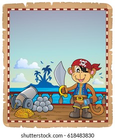 Pergamino con mono pirata en barco - ilustración vectorial eps10.