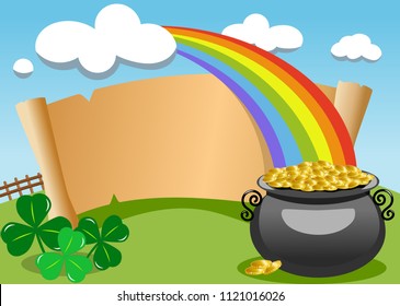 Parchment with Saint Patricks legendary pot of gold at the end of the rainbow for St. Patricks or Saint Patrick s Day invitation card