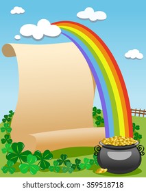 Parchment with Saint Patricks legendary pot of gold at the end of the rainbow for St. Patricks or Saint Patrick s Day invitation card 