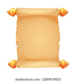 Parchment Scroll, antique paper with golden handles, empty sheet, document textured, aged in cartoon style isolated on white background.