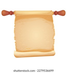 Parchment Scroll, antique paper with wooden handles, empty sheet, document textured, aged in cartoon style isolated on white background.