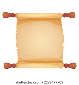 Parchment Scroll, antique paper with wooden handles, empty sheet, document textured, aged in cartoon style isolated on white background.