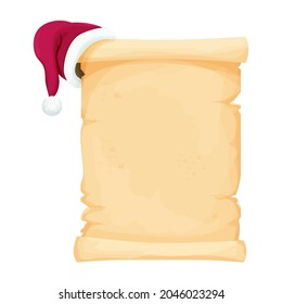 El pergamino desplaza la carta de navidad vacía con el sombrero Santa en estilo de caricatura aislado en blanco. Decoración de año nuevo, marco. Vacaciones, invierno.