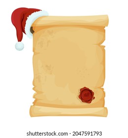 Parchment scroll empty christmas letter with Santa hat and red round wax seal in cartoon style isolated on white. New year decoration, frame. Holiday, winter.