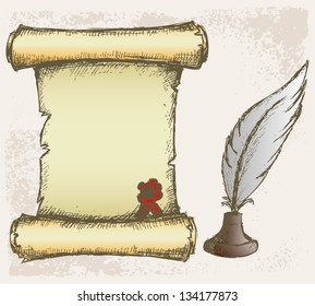 Parchment scroll and feather. Grunge style