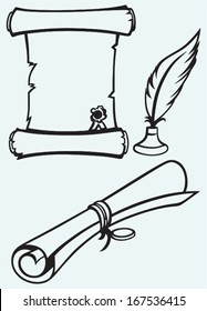 Parchment scroll and feather isolated on blue batskground