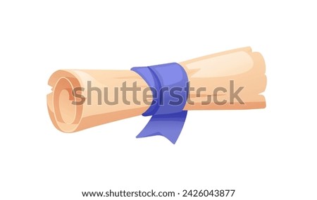 Parchment scroll. Old antique paper roll with ribbon stripe. Historical document, ancient papyrus. Medieval weathered manuscript. Flat cartoon vector illustration isolated on white background