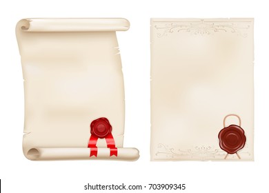 Parchment scroll and old paper with wax seal. Vector 3d illustration isolated on white background