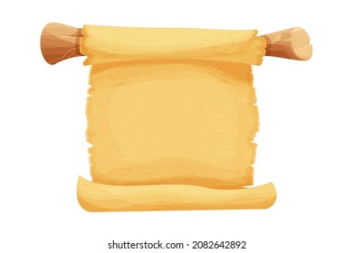 Parchment scroll on wooden stick in cartoon style isolated on white background. Game asset, design element. Ancient, medieval paper. Vector illustration