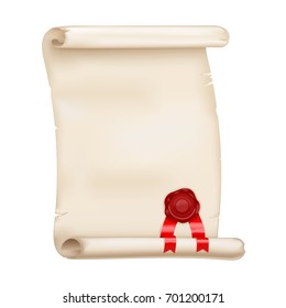 Parchment scroll with red sealing wax. Vector 3d illustration isolated on white background