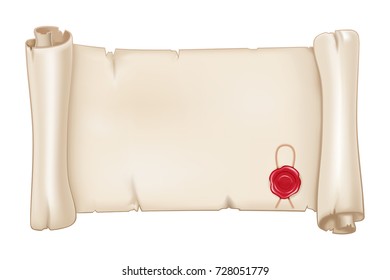 Parchment scroll with red wax seal. Vector 3d illustration isolated on white background