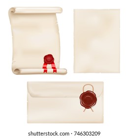 Parchment scroll with red wax seal. Vector 3d illustration isolated on white background