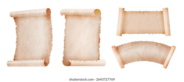 Parchment scroll templates. Ancient paper scrolls, old manuscript rolls and vintage document banners with rolled edges. Aged textured sheet with burnt edges, classic diploma borders mockup vector set.