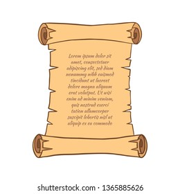 Parchment scroll with text. Cartoon style. Vector illustration.