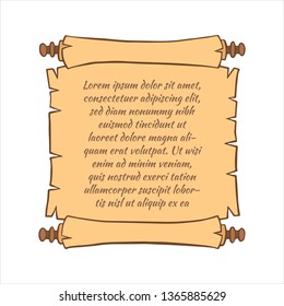 Parchment scroll with text. Cartoon style. Vector illustration.