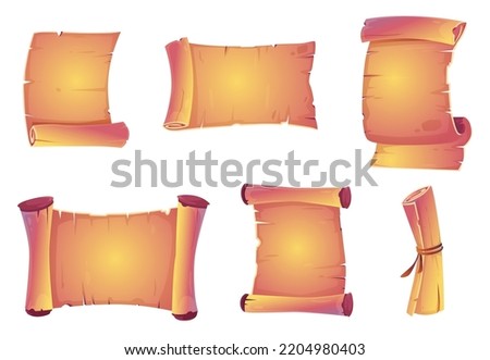 Parchment scrolls, antique papyrus rolls, blank paper banners, open and convoluted vintage manuscripts, old map or document isolated on white background, Cartoon vector illustration, icons set