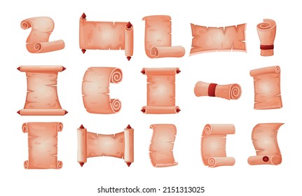 Parchment Scrolls. Old Medieval Paper Roll Document. Vector Isolated Antique Papyrus Ribbon Set