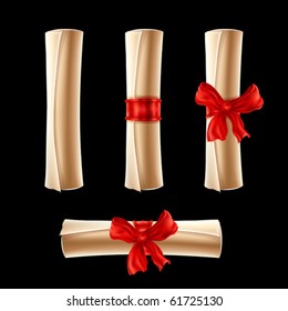 Parchment scrolls with red ribbons isolated