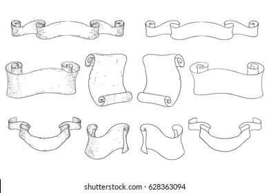 Parchment scrolls and ribbon banners. Hand drawn sketch. Vector illustration isolated on white background