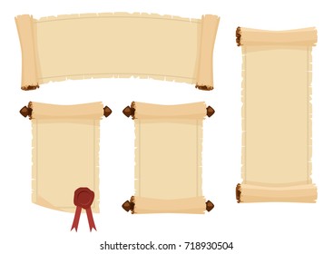 Parchment scrolls and sheets of old paper with decorative borders. Set of vector banners