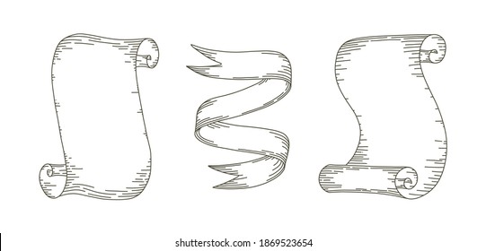 Parchment scrolls and sripes. Set of paper parchments and ribbon isolated in white background. Vector illustration in doodle style