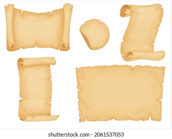 Parchment set. Old paper scrolls. Vintage letter, certificate, treasure map or historical document. Illustration isolated on white background.
