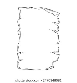 Parchment sheet of paper with old torn and curled edges. Line art is a simple hand-drawn illustration in black and white ink. Isolated vector EPS object.