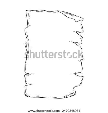 Parchment sheet of paper with old torn and curled edges. Line art is a simple hand-drawn illustration in black and white ink. Isolated vector EPS object.