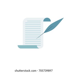 Parchment sheet, paper scroll with quill flat style vector illustration