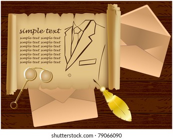 Parchment showing a man jacket, two envelopes, a gold pen and lorgnette lying on a wooden background