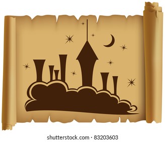 Parchment with silhouette of a city on a cloud under the moon and the stars