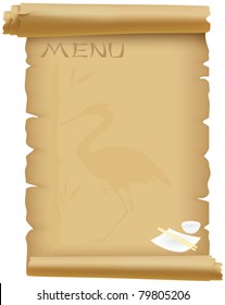 Parchment with a silhouette of the heron, bamboo shoots and set for a meal