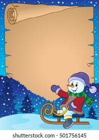 Parchment with snowman on sledge - eps10 vector illustration.