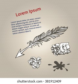 Parchment with space for text and quill pen writing,   sketch vector illustration.  Eps-8.
