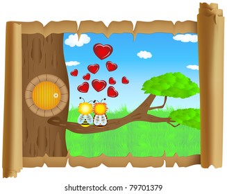 Parchment with two lovers bee sitting on tree branch and admiring the sky