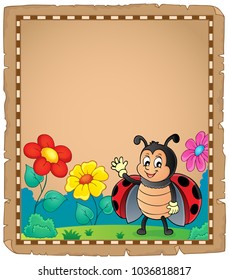 Parchment with waving ladybug - eps10 vector illustration.