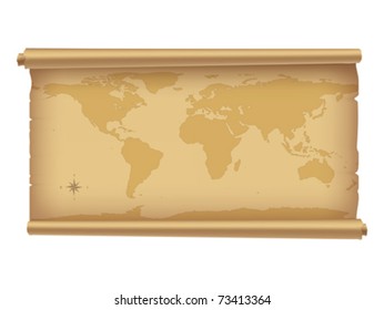 Parchment with world-map isolated on white. | Vector illustration. | Contain gradient mesh.