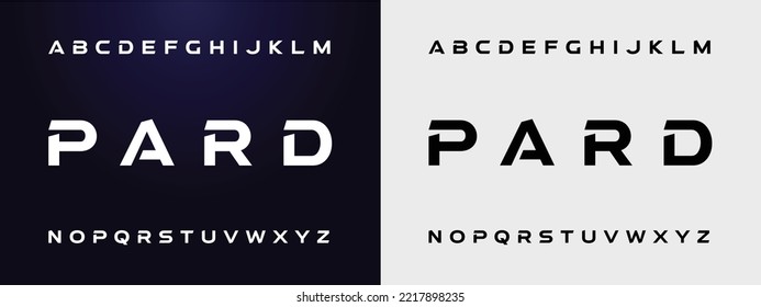 PARD Sports minimal tech font letter set. Luxury vector typeface for company. Modern gaming fonts logo design.