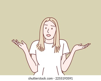 Pardon i dont know have no idea clueless shrug shoulders confused gesture young woman simple korean style illustration